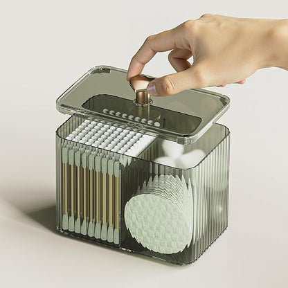 Q Tip Holder for Bathroom with 3 Compartments, Cute Clear Plastic Bathroom Container Jars Canister Dispenser with Lid for Cotton Swab, Ball, Pad, Round, Bathroom Organizer and Storage, Smoked Green