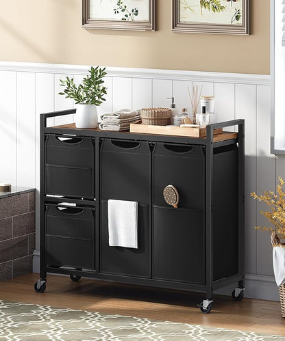 HOOBRO Laundry Sorter with 4 Section, 34 Gal. (127 L) Laundry Hamper with Wheels, Rolling Laundry Basket with Shelf, Pull-Out Detachable Bags, Side Pockets, Rustic Brown and Black BF14XY01N1