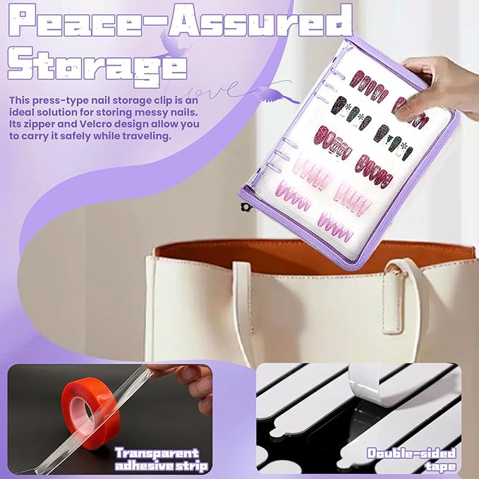 Press on nail storage Nail Storage Book - Portable Versatile Organizer for Press - On Nails, Jewelry and More with 90 Pcs Adhesive Double Sided Tape Purple
