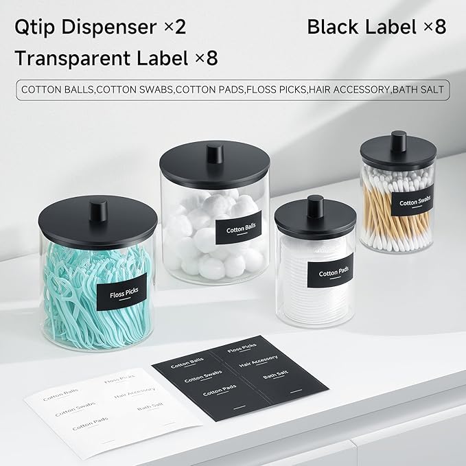 TIPGO Glass Qtip Holder Dispenser - 24 oz Clear Canister Jar, Bathroom Vanity Storage Organizer for Cotton Swabs, Pads, Floss Picks, Small Containers for Makeup Storage (Black)