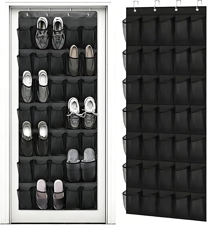 Meolsaek Over the Door Shoe Organizer with 40 Breathable Mesh Pockets, Hanging Shoe Organizer for Door with 4 Metal Hooks, Shoe Organizer for Closet, Bedroom, Bathroom, Pantry (Black, 35)