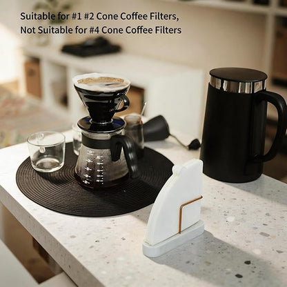 Coffee Filter Holder for Counter, Coffee Filter Storage Container for V60 Cone Paper Filters Size #01 ＆ #02, Marble Base with Non-Slip Pad (White)