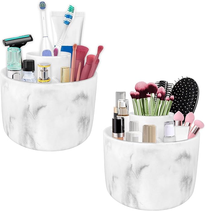 360° Rotate Makeup Brush Holder Organizer, Cosmetic Tool Storage Organizer, Cosmetic Display Case, Bathroom Toothbrush Holder, Office Desktop Storage Orgainzer, 4 Slot Resin White Marble, Smooth Spin