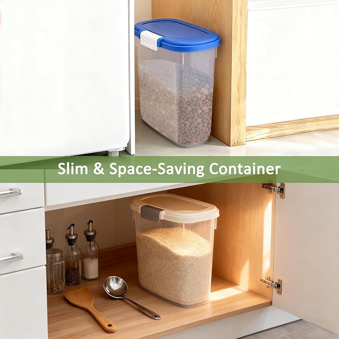 Large Rice Storage Container 20 Lbs - Tall Flour Container with Scoop + Cup - Slim Dry Food Storage Bin for Cereal, Sugar, Beans, Pet Dog Cat Food Container - Kitchen and Pantry Storage Organization
