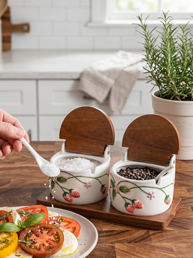 Ceramic Salt and Pepper Cellar Set with Spoons, Lids, and Tray | Decorative Strawberry Condiment Servers for Spices, Sugar, Seasonings, and More | Cottagecore Kitchen Decor, Holds 12oz. Each