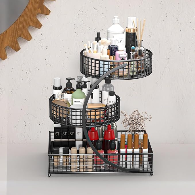 BCWW 3 Tiers Makeup Organizer Countertop Multi Bathroom Counter Organizer Metal Fruit Basket Perfume Skincare Organizers Holder for Vanities, Cabinet, Cosmetic, Dresser Organizer (Black)