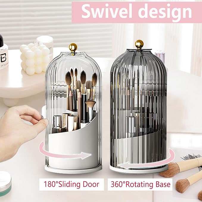 Makeup Brush Holder Organizer with Lid 360 Rotating Clear Dustproof 3 Compartment Design Makeup Brushes Organizer for dressing table and Bathroom Countertop (Gray)