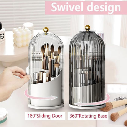 Makeup Brush Holder Organizer with Lid 360 Rotating Clear Dustproof 3 Compartment Design Makeup Brushes Organizer for dressing table and Bathroom Countertop (Gray)