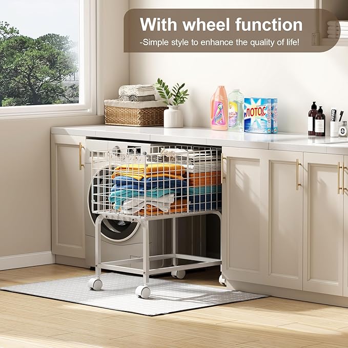 Wire Laundry Cart with Wheels,80L Rolling Laundry Basket Trolley with Pull Handle,White High Laundry Basket Cart for Laundry Room,Bathroom,Bedroom-White(23.6 * 15.75 * 28inch)