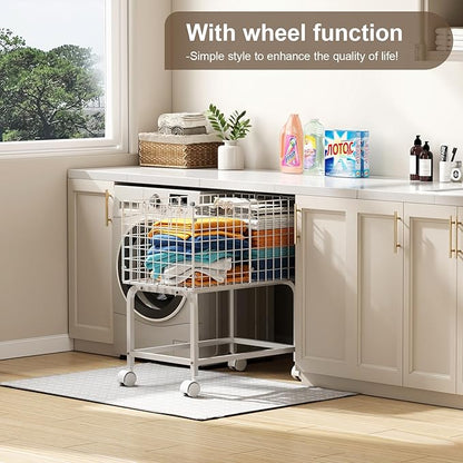 Wire Laundry Cart with Wheels,80L Rolling Laundry Basket Trolley with Pull Handle,White High Laundry Basket Cart for Laundry Room,Bathroom,Bedroom-White(23.6 * 15.75 * 28inch)