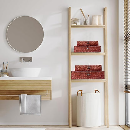 Didaey Set of 4 Seagrass Basket with Lid Wicker Storage Basket Decorative Storage Boxes with Lids Flat Storage Bins Woven Organizer Baskets for Shelf Closet Bedroom, 4 Sizes (Retro Red)