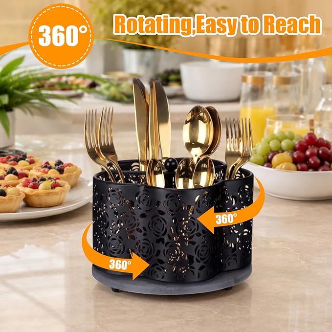 360 Degree Rotating Utensil Caddy Silverware Cutlery Caddy Holder with 5 Compartment Kitchen Countertop Organizer for Spoon Fork Flatware Storage for Home or Outdoor Picnic Camping(Black)