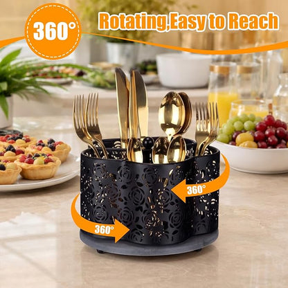 360 Degree Rotating Utensil Caddy Silverware Cutlery Caddy Holder with 5 Compartment Kitchen Countertop Organizer for Spoon Fork Flatware Storage for Home or Outdoor Picnic Camping(Black)