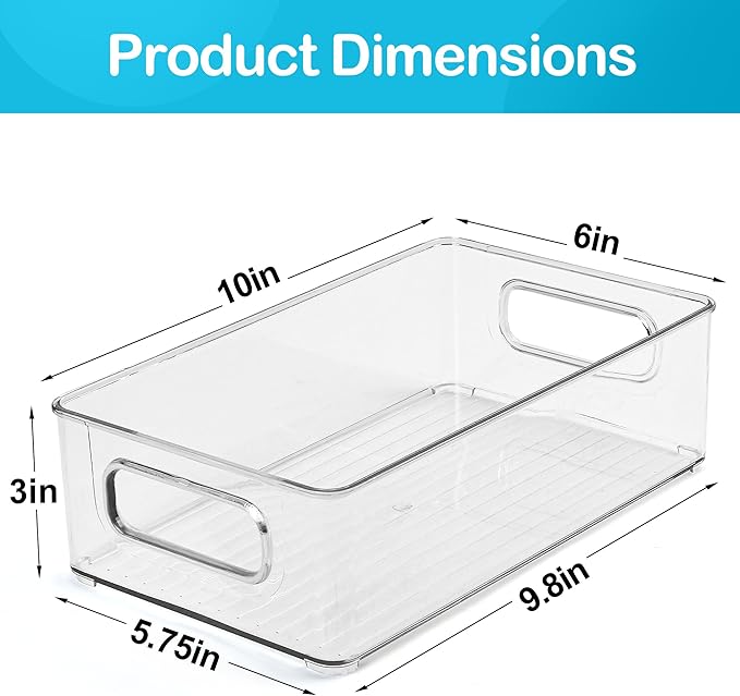 LotFancy Refrigerator Organizer Bins, 4 Pack,10x6x3 in, BPA Free Clear Plastic Storage Bins for Pantry Organization, Stackable Containers with Handles for Fridge, Kitchen Drawer, Freezer, Cabinet