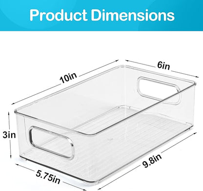 LotFancy Refrigerator Organizer Bins, 4 Pack,10x6x3 in, BPA Free Clear Plastic Storage Bins for Pantry Organization, Stackable Containers with Handles for Fridge, Kitchen Drawer, Freezer, Cabinet