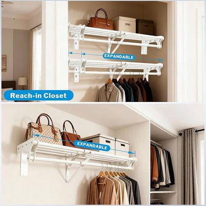 Steel Closet Shelf with Hanging Rod, Back Wall & Side Wall Mounted, 40-73'' Expandable White Closet Shelves, Heavy Duty Storage Rack Holds 220 lbs, Adjustable DIY Closet Rod Divider Separator
