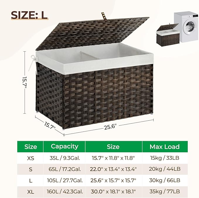 GREENSTELL Storage Basket with Lid, 27.7 Gallon(105L) Lagre Wicker Blanket Storage Basket with Handles, Foldable, 2 Removable Liner Bags, Metal Frame, for Bedroom, Laundry Room, Brown