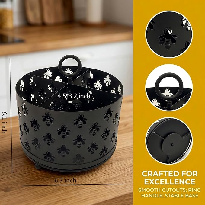 NelyBet 360°Rotating Utensil Caddy Countertop - Bee Silverware Caddy Holder with 4 Compartment - Mesh Cutlery Caddy Holder with Handle for Party Kitchen Counter Office Black