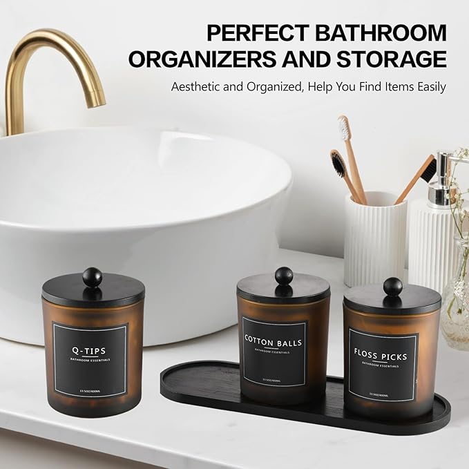 3 Pack Qtip Holder Bathroom Set,Cotton Ball Swab Pad Holder Cotton Round Floss Pick Dispenser with Tray,Glass Apothecary Jars with Lids,Bathroom Organizers and Storage Canisters-Amber