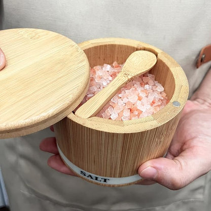 ThougrLyh Salt Box 2Pcs Spice Cellar with Swivel Lid and Spoons Small Bamboo Pepper and Salt Containers with Salt Pepper Labels,Dual 8 oz Capacity Holder for Seasoning and Small Items
