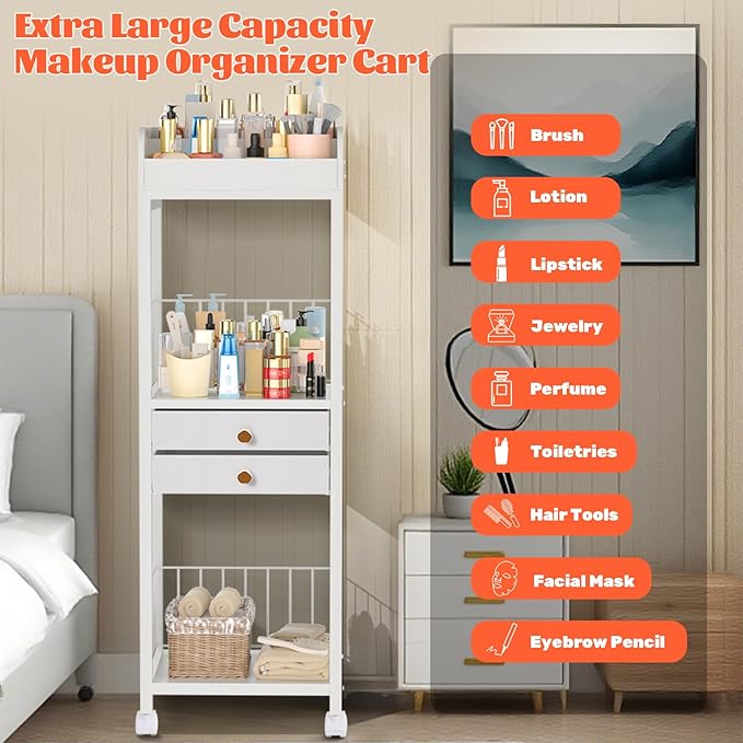 Makeup Organizer Cart, Rolling Floor Skincare Organizer and Storage with 2 Drawers, Versatile Makeup Vanity Display Cases Holder for Skin Care, Cosmetics, Perfume, Nail Polish, Makeup Brush, Hair Tool
