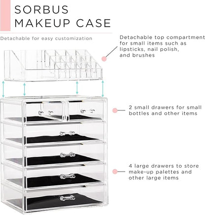 Sorbus Acrylic Makeup Organizer Set, 6-Drawer Vanity & Countertop Cosmetic Storage with Small & Wide Compartments, Clear Makeup Storage for Brushes, Jewelry – Holiday Gift for Women & Teens