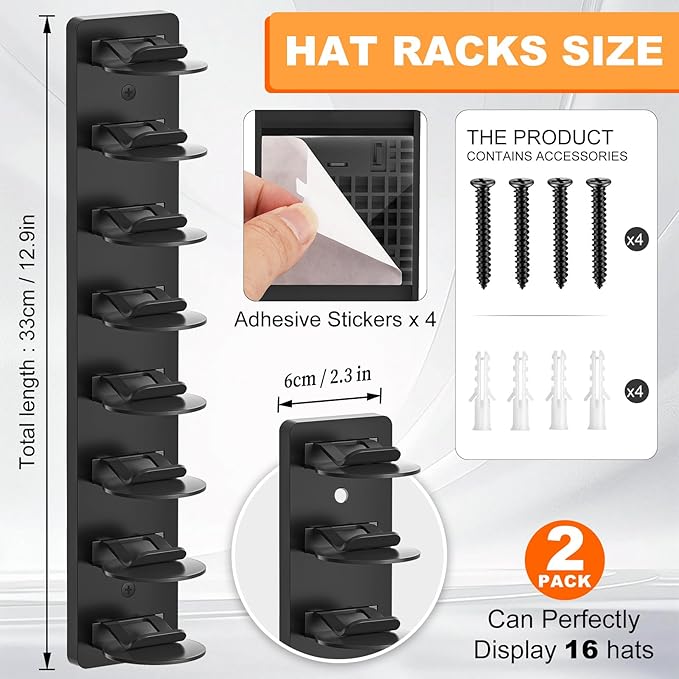 1 Pack Hat Organizer for Baseball Caps, Hat Rack for Wall, Strong Adhesive & Screw-in Cap Holder hat hangers for Closet Door & Bedroom