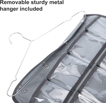 Dual Sided Hanging Organizer for Jewelry Makeup Storage Closet Organizers for Bows Socks Underwear with 42 Clear Pockets (GREY)