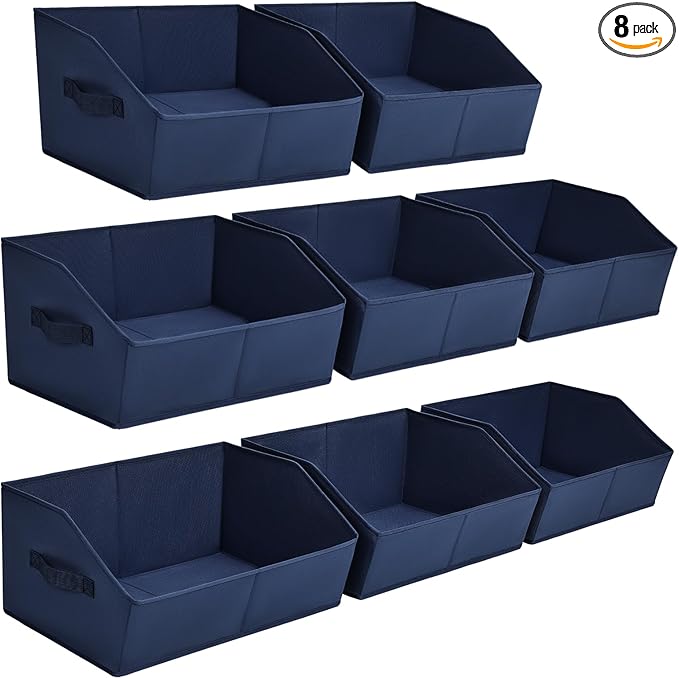 Homsorout Closet Baskets for Shelves Trapezoid - Decorative Storage Baskets with Handle, Closet Bins for Organization, Shelf Storage Bins for Clothes, Books, Home, Office, 8 Pack, Navy Blue