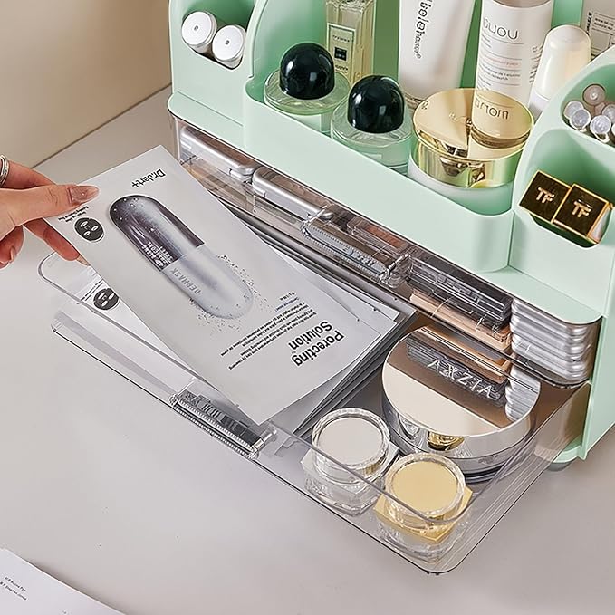 Makeup Organizer with Drawers for Vanity,Bathroom Countertop Organizer with Brushes Holder,Skincare Storage Organizer for Lipsticks,Nail Polishes, Perfumes,Eyeshadow Palettes (Green)