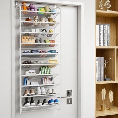 AQQHSAIN 10 Tier Over The Door Shoe Organizer Wall Shoe Shelf Shoe Holder Door Shoe Rack for Closet Pantry Hanging Shoes Clothes Toys Storage Shelves (White)