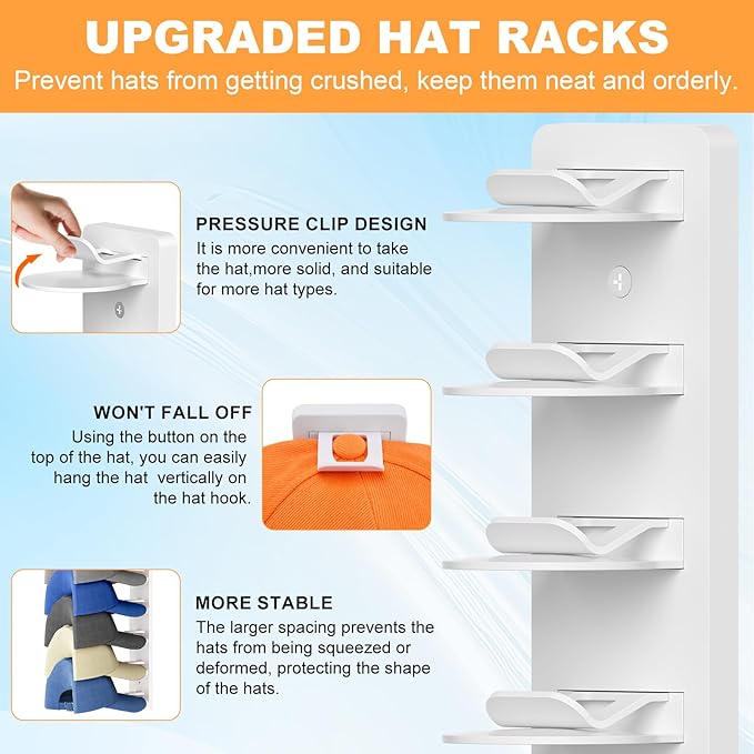 Vocanoe Hat Organizer for Baseball Caps, 2 Pack Hat Rack for Wall Strong Adhesive Hold up to 16 Hats, Multilayer Hat Storage Holder, Wall Mounted Cap Racks for Closet Door and Bedroom (White-2pack)
