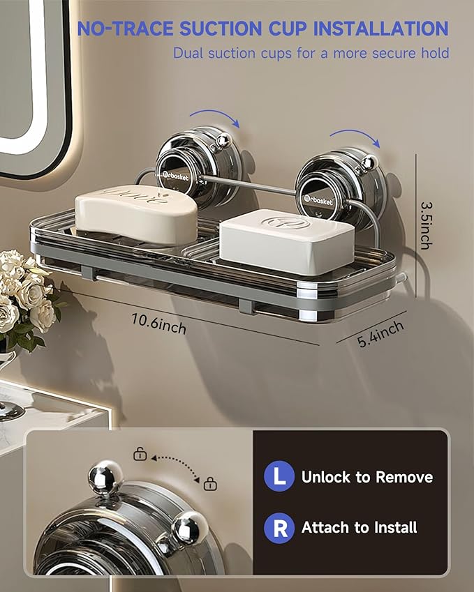 PEISAINOX Soap Dish for Shower Suction Cup Wall Soap Bar Holder Self Draining NO-Drilling Removable Sponge Holder for Bathroom Bathtub Kitchen Sink Waterproof Strong Vacuum Suction Adhesion