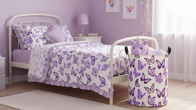 CLOCOR Large Laundry Basket,Waterproof Nursery Hamper,Collapsible Fabric Storage Container,Room Decor,Gift Basket（Deep Purple Butterfly