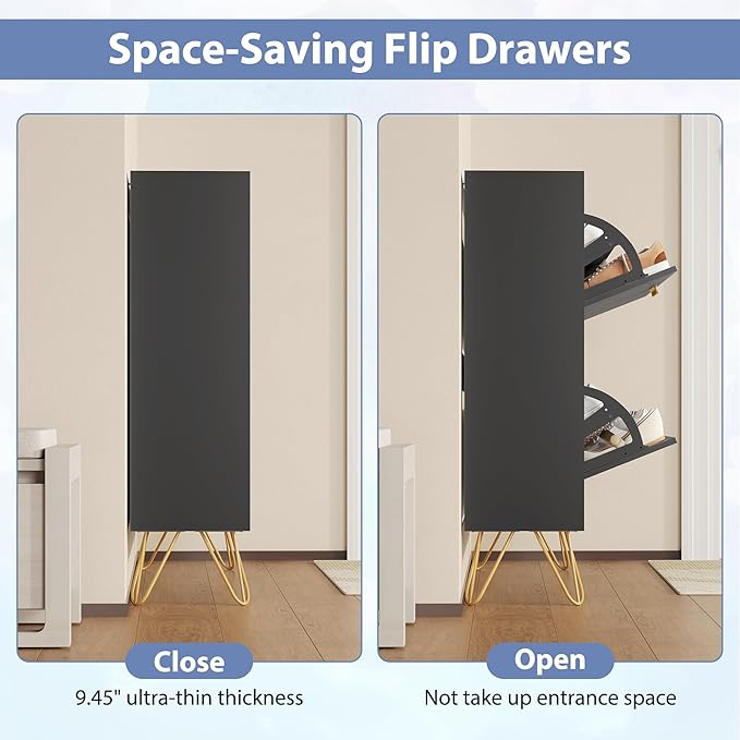 Shoe Storage Cabinet with 2 Flip Drawers, Shoe Cabinet Storage Entryway Slim, Black Narrow Shoe Cabinet w/Gold Handles & Metal Legs, Hidden Freestanding Shoe Organizer for Hallway
