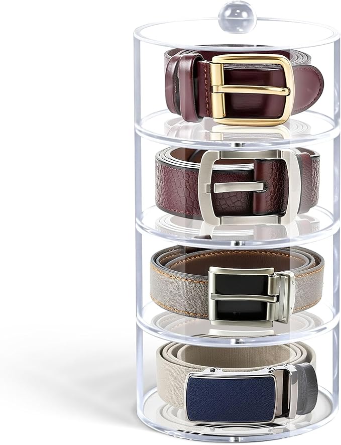 Belt Organizer, 4-Tier Acrylic Belt Storage & Holder for Closet, Clear Acrylic Display Case with Dust Cover for Belts