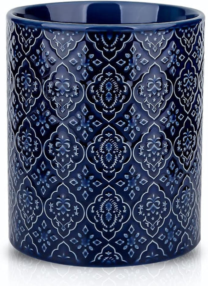 KOOV Kitchen Utensil Holder, Large Utensil Holders for Countertop, 6 x 7 Inches Ceramic Utensil Crock, Deep and Stable, Cooking Utensil Holder, Embossed Pattern (BLue)