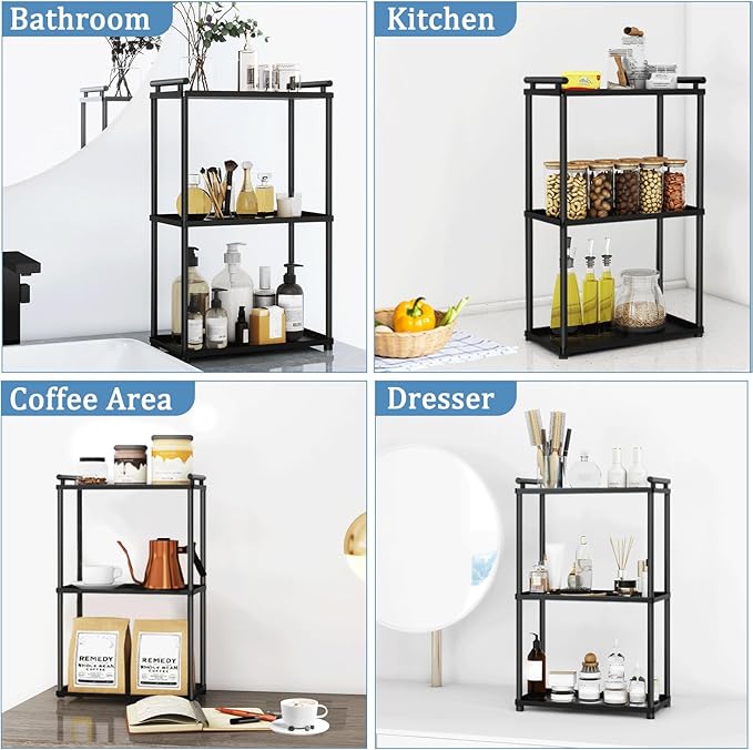 VOTZAAQ 3 Tier Bathroom Organizer Countertop, Stainless Steel Perfume Tray and Vanity Countertop Shelf, Makeup Skin Care Bathroom Organizers and Storage for Dresser, Kitchen (Matte Black)