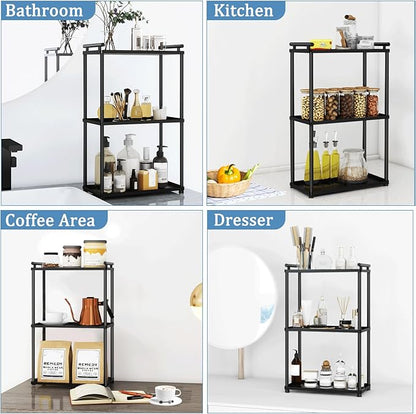 VOTZAAQ 3 Tier Bathroom Organizer Countertop, Stainless Steel Perfume Tray and Vanity Countertop Shelf, Makeup Skin Care Bathroom Organizers and Storage for Dresser, Kitchen (Matte Black)