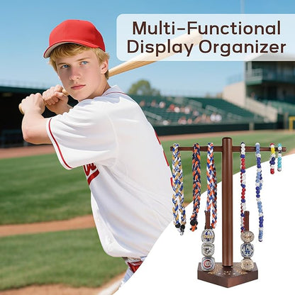 Baseball Necklace and Ring Display Holder, Wooden Sports Jewelry Organizer for Baseball or Softball Drip Pendants & Championship Rings, with 2 Gold Stickers for Custom Text