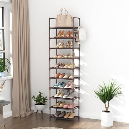 LANTEFUL 10 Tiers Tall Shoe Rack 20-25 Pairs Boots Organizer Storage Sturdy Narrow Shoe Shelf for Entryway, Closets with Hooks, Brown