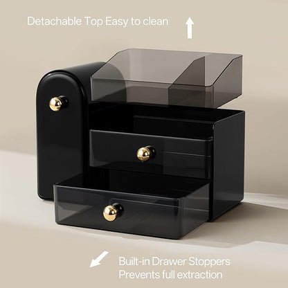 HBlife Makeup Organizer Countertop with Drawers, Vanity Organizers with Brush Holder, Bathroom Counter Organizer for Perfume, Nail Polishes, Lipsticks, Skincare and Eyeshadow Palettes, Black and Gold