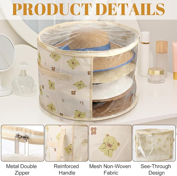 AceOrbit 2 Pcs Oversized Clear Hat Storage Box for Women 16.5 x 10.4 Inch Cowboy Hat Storage Box with Lid Hats Bags for Travel Holds up to 7 Caps (Beige,Bear Style)