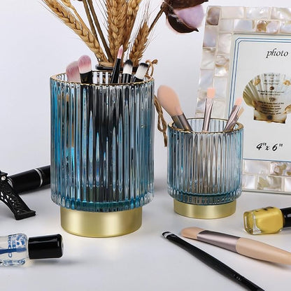 Glass Makeup Brush Holder,Gold Toothbrush Holders,Cute Make Up Brush Cup Holder,Vintage Vanity Makeup Organizer for Bathroom and Desktop (Blue)