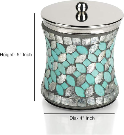 nu steel Sea Foam Q-tip Jar in Aqua Blue/Silver Glass Mosaic/ Stainless Steel for Bathrooms & Vanity Spaces