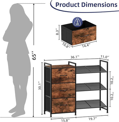 Somdot Shoe Rack, 3 Tier Shoe Organizer with 3 Drawers, Metal Shoe Storage Shelf for 6-9 Pairs of Shoes with Fabric Shelves and Wooden Top, Narrow Shoe Rack for Entryway, Wood Grain Print