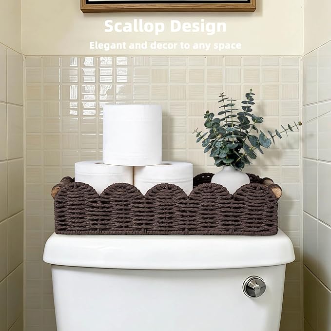 CubesLand Bathroom Basket Organizer w/Cut Out Handle, Back of Toilet Paper Storage Baskets Tray for Bathroom Countertop Decorative, Scalloped Wicker Basket Also for Home Decor, Living Room, Brown