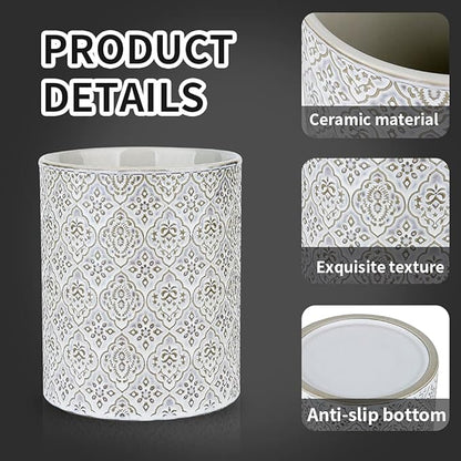 KOOV Kitchen Utensil Holder, Large Utensil Holders for Countertop, 6 x 7 Inches Ceramic Utensil Crock, Deep and Stable, Cooking Utensil Holder, Embossed Pattern, White