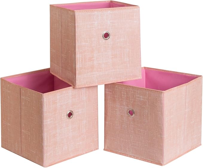Foldable Storage Cubes Bins ,11 Inch Cloth Storage Cube Fabric Storage Box Cubes Organizer Baskets with Handles for Home Organizer Set of 3 (Cowboy Pink)