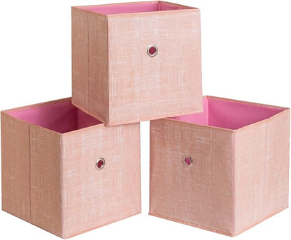Foldable Storage Cubes Bins ,11 Inch Cloth Storage Cube Fabric Storage Box Cubes Organizer Baskets with Handles for Home Organizer Set of 3 (Cowboy Pink)
